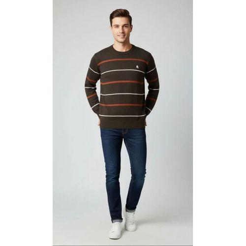 Erkek Bisiklet Yaka Cizgili Triko Kazak Yumuşak Dokulu Pamuklu Ince Dokuma, Uzun Kollu Rahat Regular Kalıp - Koyu Kahverengi