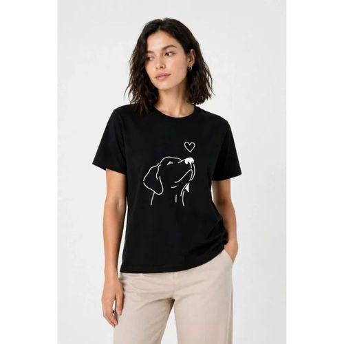 Köpek Figürlü Minimal Baskılı Tişört Kısa Kol Yazlık T-Shirt - Siyah