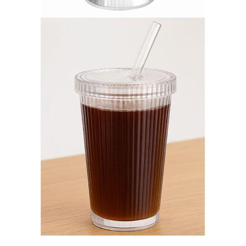 2 Adet Latte Kapaklı Pipetli Kristal Desen Fenomen Bardak Soğuk Kahve, Smoothie, İçecek Bardağı