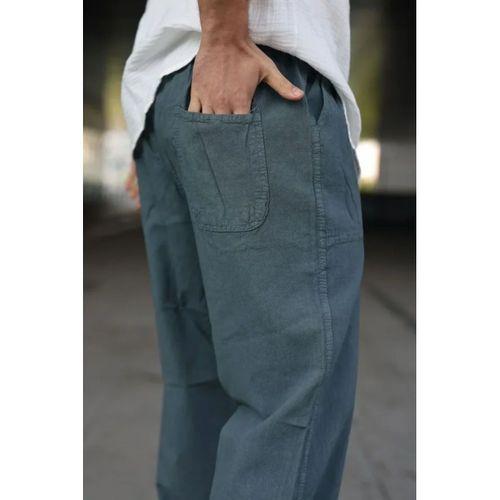 Erkek Ham Keten Beli Lastikli Cepli Regular Fit Boru Paça Pantolon - İndigo