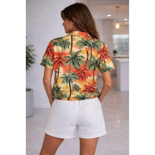 Tropikal Palmiye Desenli Kısa Kol Gömlek Şort Takım Yazlık Rahat - Desenli
