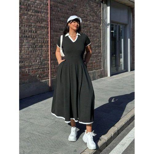 Kadın Kısa Kollu V Yakalı Pileli Uzun Janjan Krep Elbise