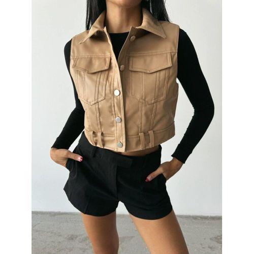 DERİ CROP YELEK - Bej