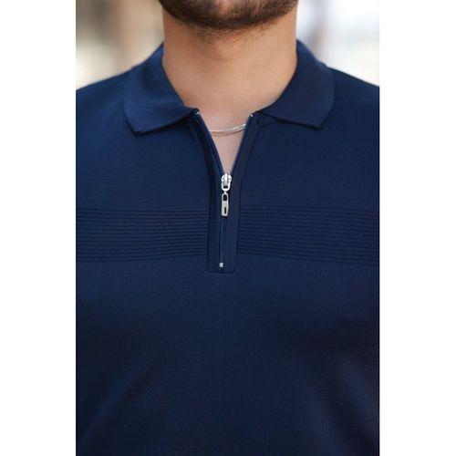 Erkek Göğüs Pirinç Desenli Fermuar Yakalı Kısa Kollu Tişört