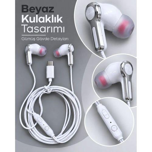 Örgülü Kablo Tasarımlı Kumandalı Beyaz Type C Kulaklık