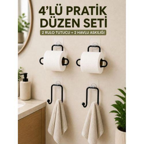 Duvara Yapışkanlı Rulo Kağıtlık Ve Havlu Askılığı 2’şer Adet 4’lü Set