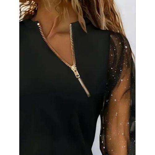 Kadın Uzun Kollu Asimetrik Fermuar Detaylı Viskon Iki Iplik Bluz