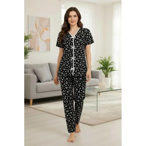 Kadın Siyah Kalp Desenli Fiyonk Detaylı Kısa Kollu Uzun Pijama Takımı Premium Ev Giyim