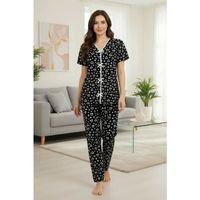 Kadın Siyah Kalp Desenli Fiyonk Detaylı Kısa Kollu Uzun Pijama Takımı Premium Ev Giyim