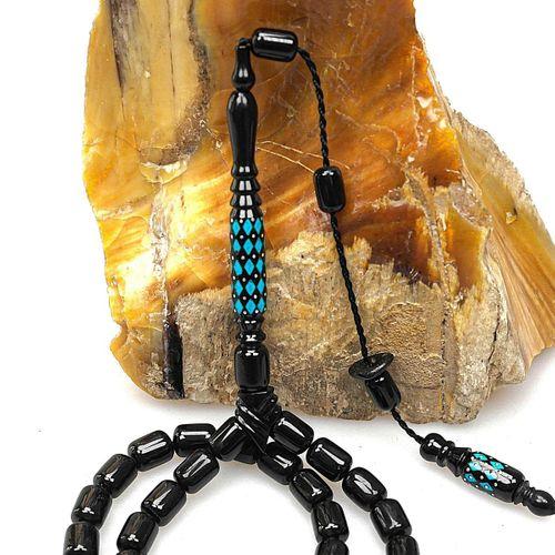 Oltu Taşı Oyma İmame ve Mavi Mine İşleme Sade Tespih