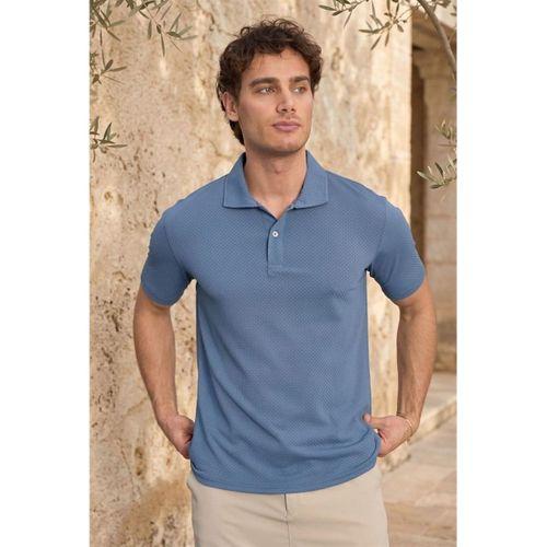 Evenor Kabartma Desenli Polo Yaka Düğmeli Relaxed FitYumuşak İnce Erkek T-Shirt - Mavi