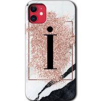iPhone 11 HD Baskılı Kılıf + 9D Tam Ekran Koruyucu - Pembe Mermer Desenli İ Harfi