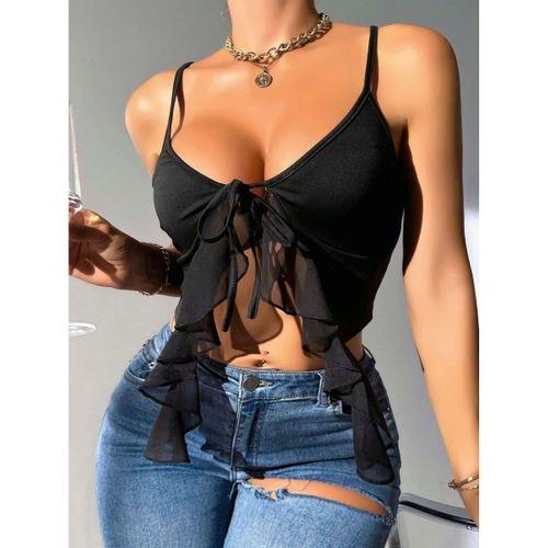 Kadın Siyah Crop Bluz Askılı Önden Bağlamalı Fırfır Detaylı Şık Kadın Üst Giyim Özel Tasarım