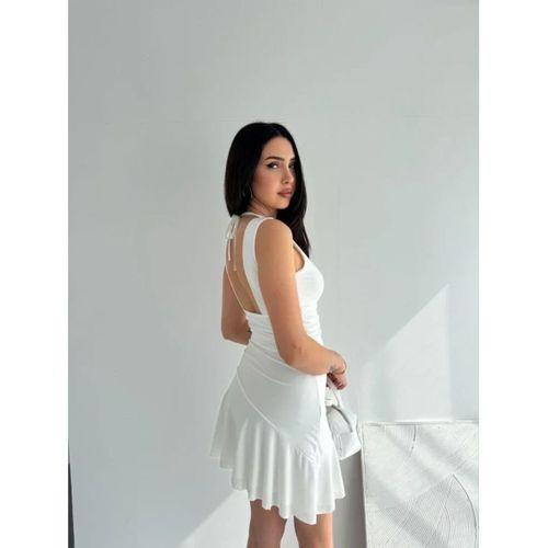 Derin V Yaka Sırt Dekolteli Mini Elbise Drapeli Şık Kolsuz - Beyaz