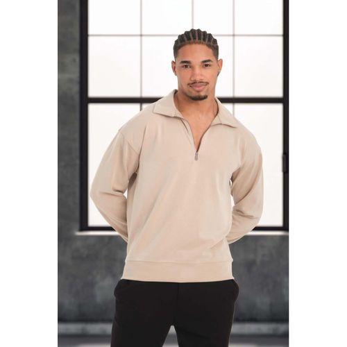 Scuba Modal Kumaş Relaxed Fit Yarım Fermuarlı Polo Yaka Erkek Sweatshirt - Bej