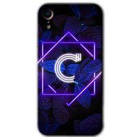 BeRa Aksesuar iPhone XR Kılıf Baskılı Kapak - Dark Neon Yaprak C Harfi +Tam Kaplayan Mat Seramik