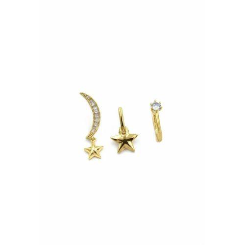 3'lü Taşlı Halka Küpe - Altın