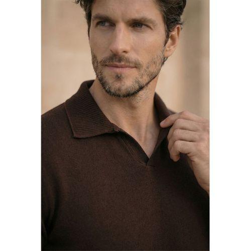 Dawson Polo V Yaka Düğmesiz Kısa Kollu Tok Kumaş Triko Erkek T-Shirt - Kahve