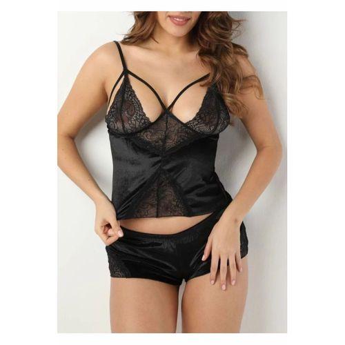 Siyah Kadife Dantelli Sabahlık & Gecelik Takım 3' Lü - 1399