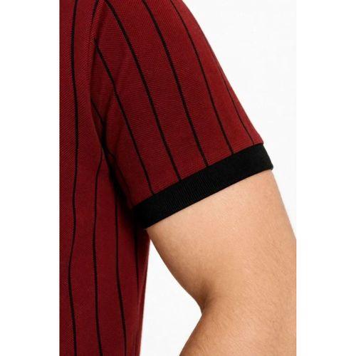 Erkek Polo Yaka Çizgili Tişört Kısa Kol Düğmeli Yazlık T-Shirt - Bordo