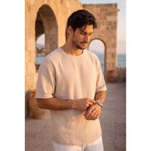 Godard Relax Fit %100 Pamuk Müslin Kumaş Duble Kol Bisiklet Yaka Erkek T-Shirt - Orta Bej