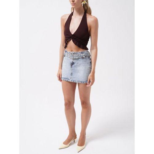 Kemer Detay Denim Mini Etek