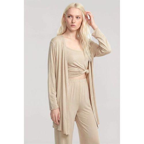 Kadın Bej Kısa Kimono 3’lü Takım Yumuşak Dokulu Şık Rahat Ev Giyim Seti