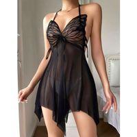 Siyah Transparan Kelebek Detaylı Tül Fantezi Gecelik 2243