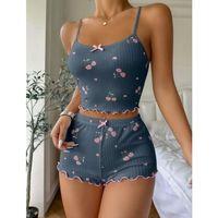 Mavi Kiraz Desenli Askılı Şortlu Pijama Takımı