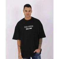 Unisex Bisiklet Yaka Baskılı Oversize T-Shirt - Siyah