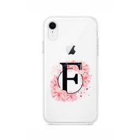 iPhone XR Pembe Çiçek Desen F Harfli Şeffaf Kılıf
