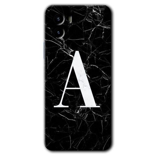 Vivo Y15s HD Baskılı Kılıf + 9D Tam Ekran Koruyucu - Siyah Mermer Desenli A Harfi
