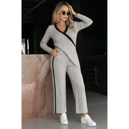 Kadın Uzun Kollu V Yakalı çapraz Detaylı şardonlu Kaşkorse Bluz Ve Pantolon Ikili Takım