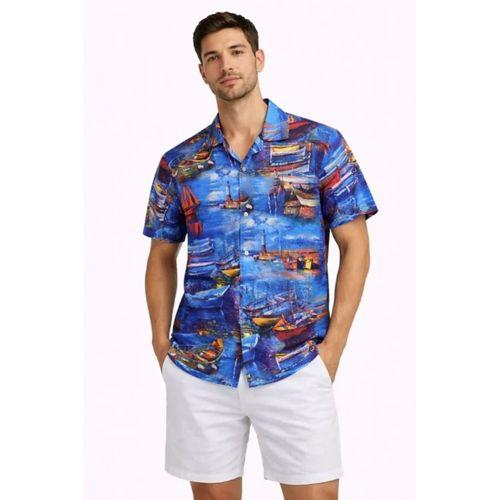 Erkek Marin Desenli Kısa Kol Gömlek Yazlık Rahat Kalıp Dijital Baskılı - Desenli