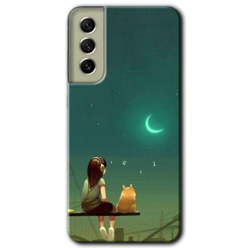 MRCİLETİSİM Samsung Galaxy S21 FE Kılıf Baskılı Kapak - Kedili Kız + 5D Tam Kaplayan Cam