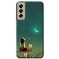 MRCİLETİSİM Samsung Galaxy S21 FE Kılıf Baskılı Kapak - Kedili Kız + 5D Tam Kaplayan Cam