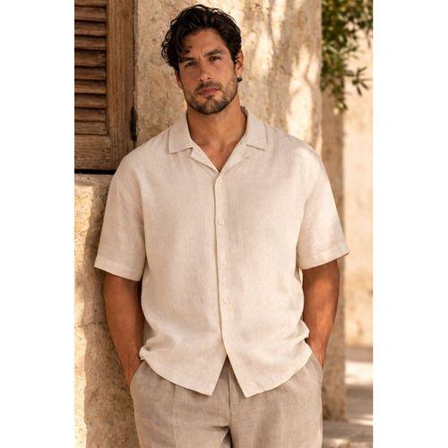 Doris Oversize Kalıp Odessa Kumaş Resort Yaka Kısa Kollu Erkek Gömlek - Bej