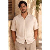 Doris Oversize Kalıp Odessa Kumaş Resort Yaka Kısa Kollu Erkek Gömlek - Bej