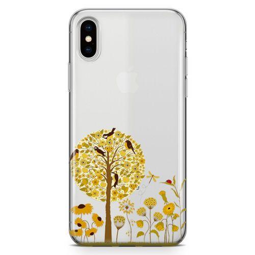 Apple iPhone XS Max Kılıf Sarı Ağaç Ve Kuşlar Arka Kapak Koruma Desenli Full Koruyucu