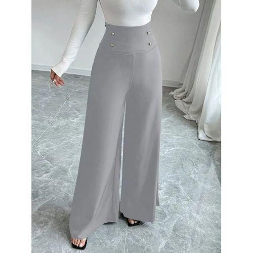 Kadın Yüksek Bel Düğmeli Geniş Paçalı Ithal Krep Pantolon