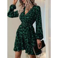 Kadın Uzun Kollu Kruvaze Yaka Beden Kuşaklı çapraz Kesim Detaylı Leopar Modal Mini Elbise