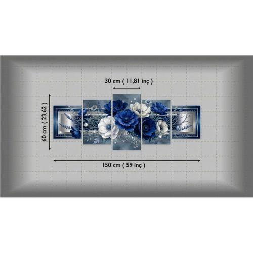 DünyaTablo Lacivert Gümüş Dekoratif Çiçekli - 5’li Metal Tablo Kombini