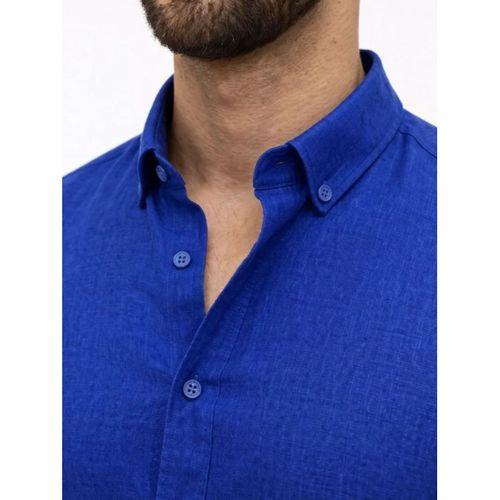 Erkek KETEN Kumaş Oversize Uzun Kollu Rahat Kalıp Gömlek - Saks Mavisi