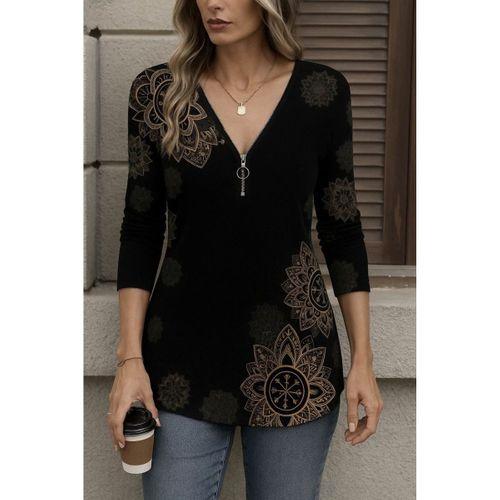 Kadın Uzun Kollu önden Fermuarlı Desenli Süprem Bluz