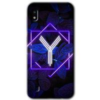 MRCİLETİSİM Samsung Galaxy A10 Kılıf HD Desen Baskılı Arka Kapak + Temperli Cam - Dark Neon Yaprak Y Harfi