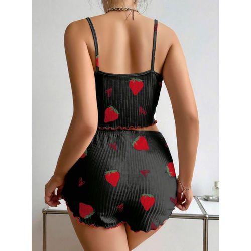 Pamuklu Siyah Üstüne Çilek Desen Fitilli Askılı Şortlu Pijama Takımı