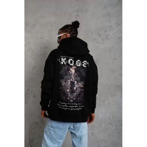 Unisex Sırt Baskılı Kapüşonlu Üç İplik Oversize Sweatshirt - Siyah