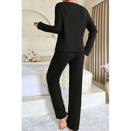 Kadın Siyah Fiyonk Detaylı Uzun Kollu Yuvarlak Yaka Mevsimlik Pijama Takımı Premium Ev Giyim