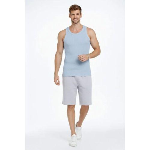 Erkek Fitilli Atlet Sıfır Yaka Slim Fit Arka Baskılı Spor Atlet - Bebe Mavisi