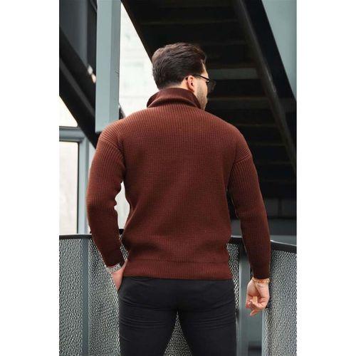 Oversize Selanik Örgü Yarım Fermuar Erkek Triko Kazak - Kahve